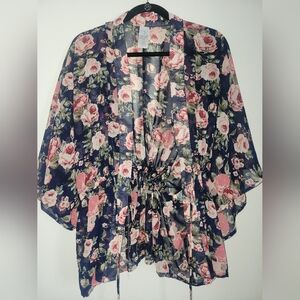 Time and Tru Floral Kimono Shrug - Navy and Pink